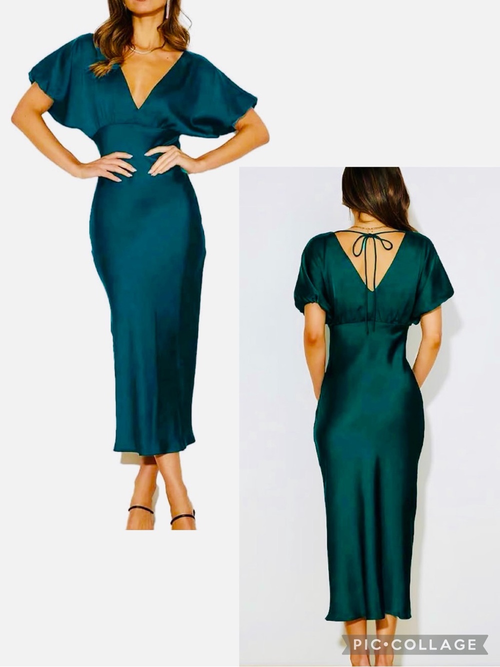 Lopath Silky Satin V-Neck Puffy Sleeve Empire Midi Dress Dark Teal Sz Medium NWT